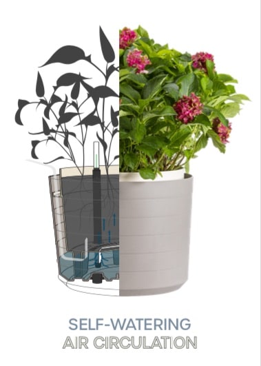 hanging pot with water reservoir for indoor and outdoor use